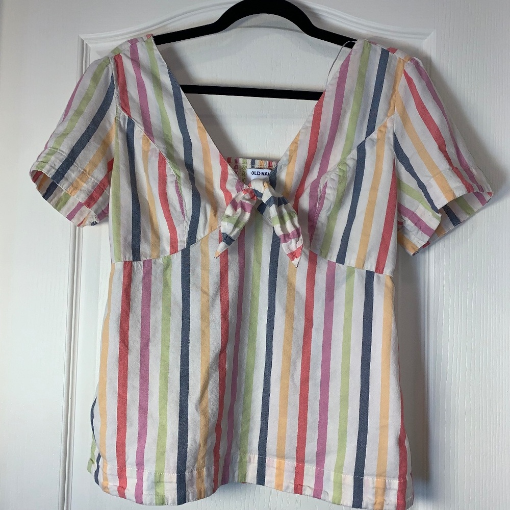 Pastel‎ Striped Cottagecore Summer Blouse Bow Front Peasant Top